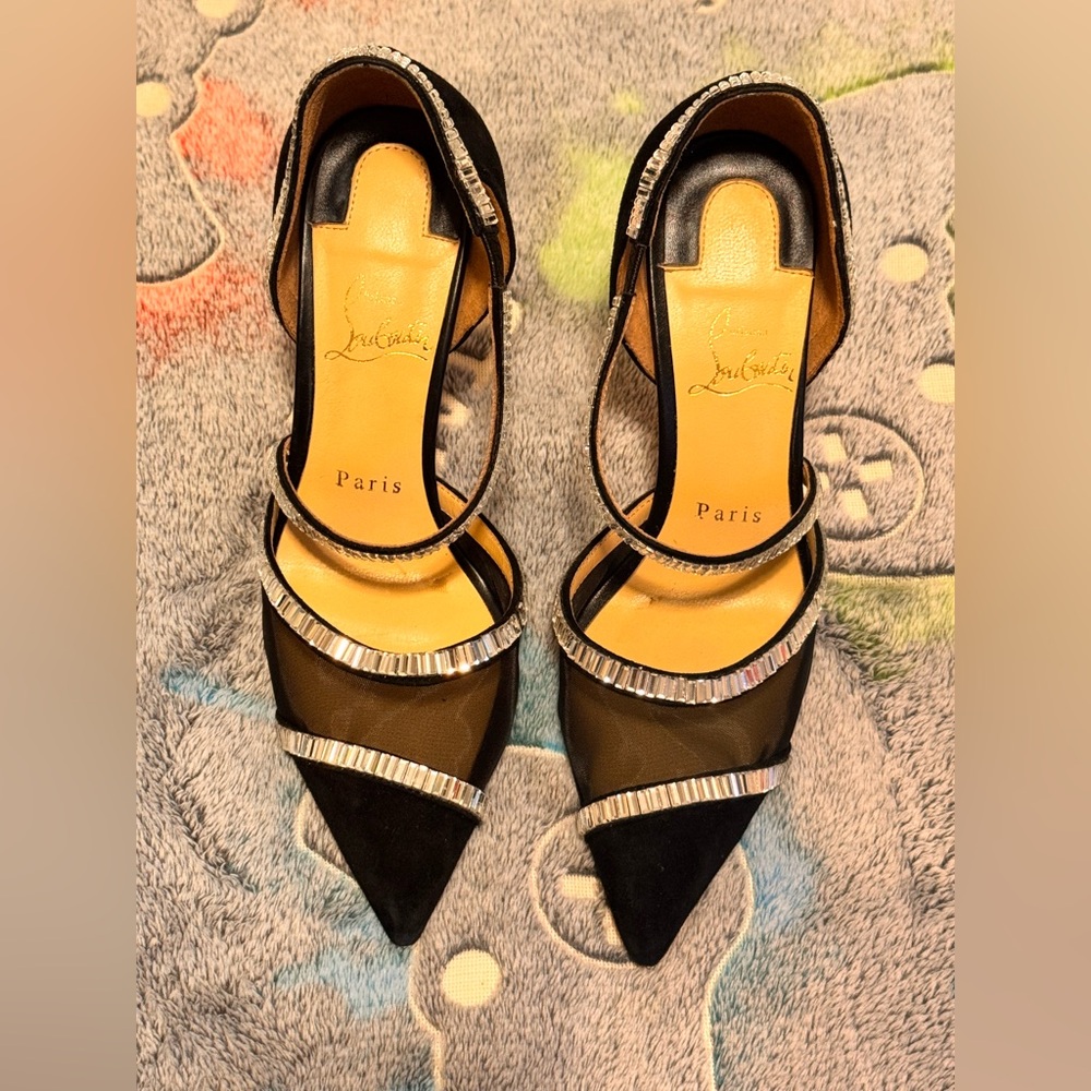 Christian Louboutin Chiara Diams 100 Black Silver Crystal Strap Heel Pump